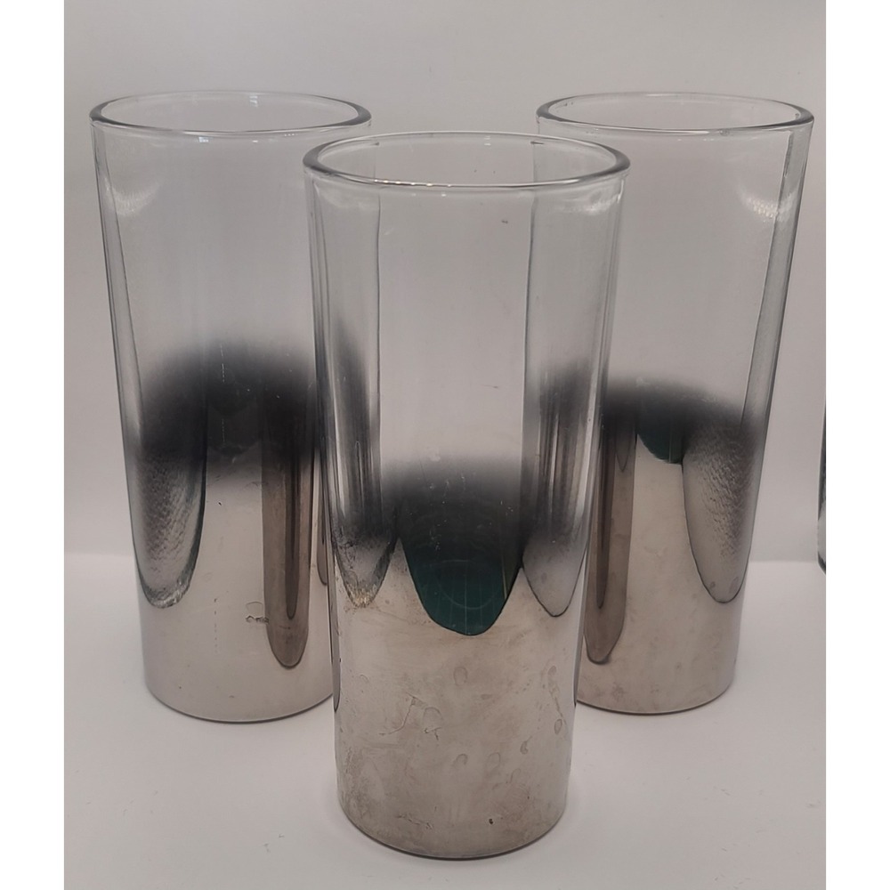 Vintage MCM Silver Fade Ombre Highball Glasses‎ Set of 3 Tumblers Barware 1960s
